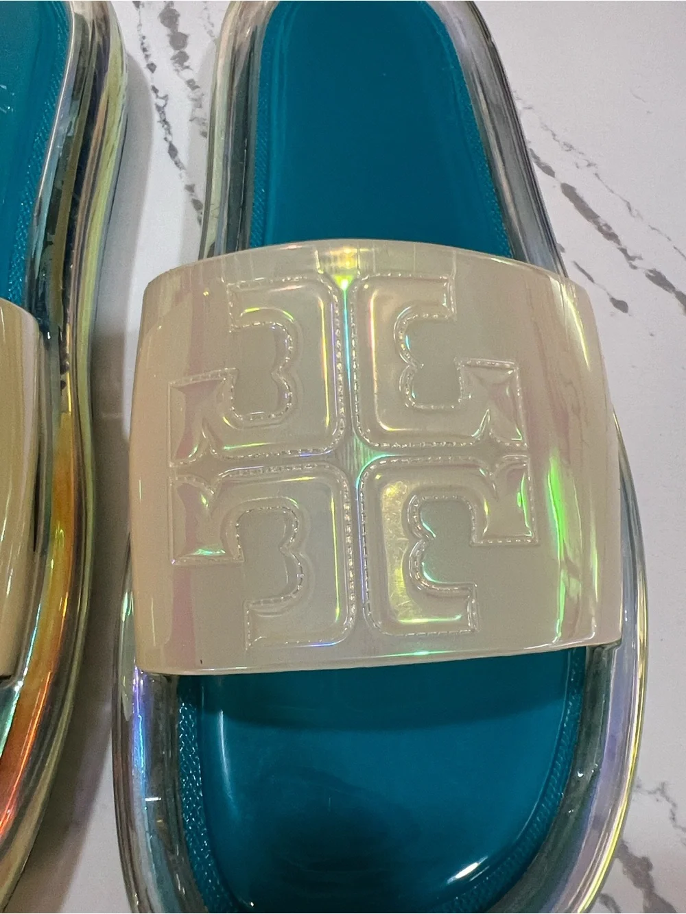 Tory Burch Green Teal Footbed Iridescent Slide Sandals size 7